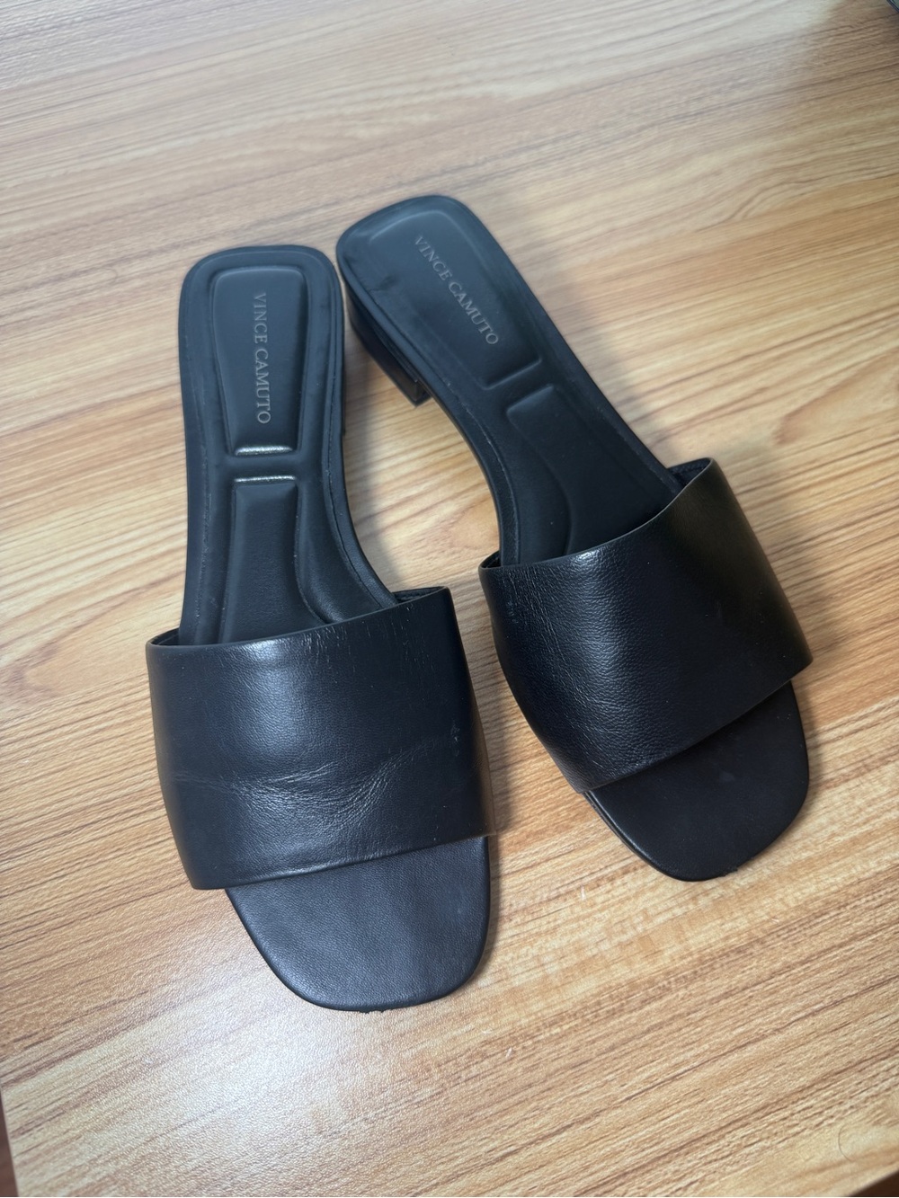 Vince Camuto Black Wide-Band Leather Slide Mules